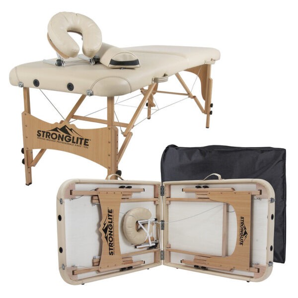 The STRONGLITE™ Olympia portable massage table package includes the Stronglite Shasta massage table, Deluxe headrest with Standard pillow and carry bag.