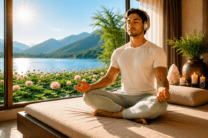 Meditatie mindfulness oefeningen met koptelefoon