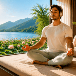 Meditatie mindfulness oefeningen met koptelefoon